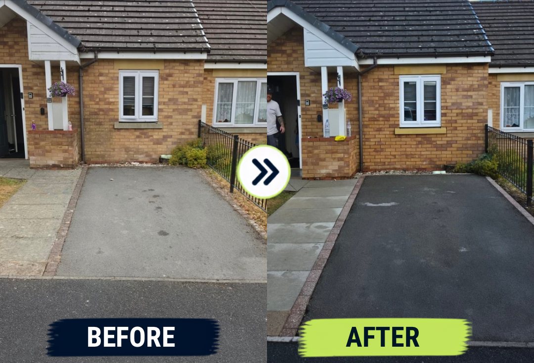 Before and after: a tarmac driveway cleaned from faded grey back to deep black