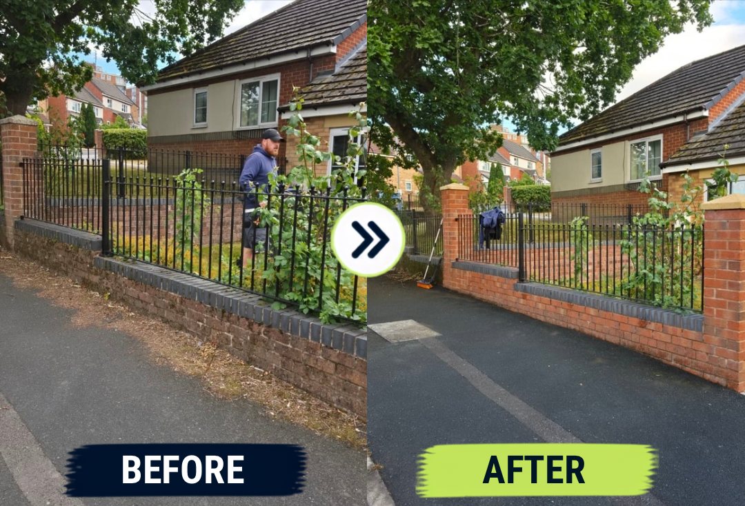 Before and after: a tarmac footpath and brick wall cleaned of moss and debris