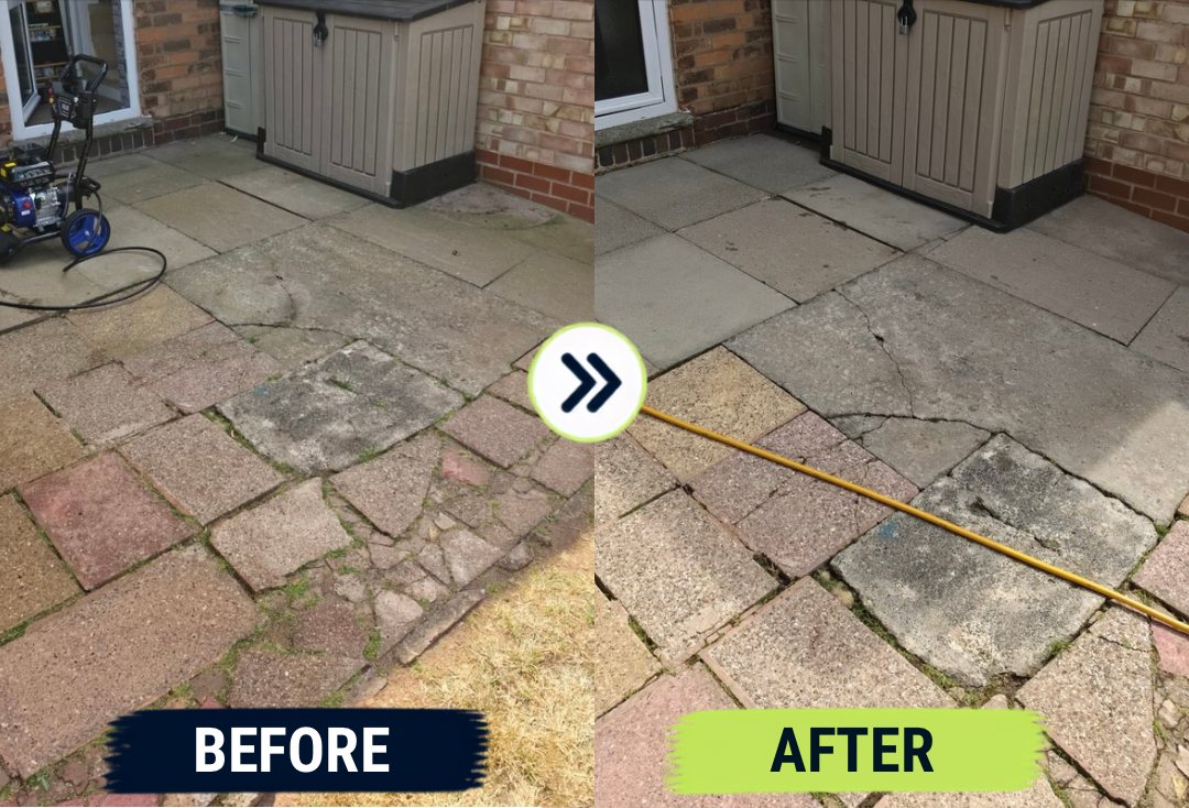 Before and after: moss and weeds cleared from a mixed slab patio