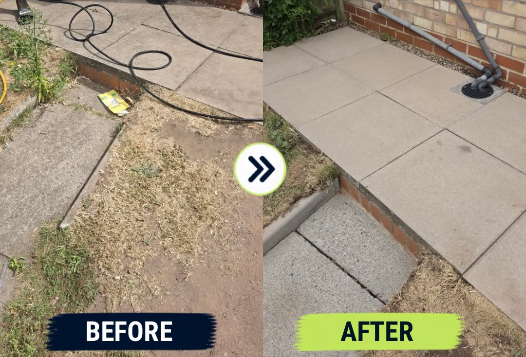 Before and after: an overgrown, dirty patio and step cleaned and cleared