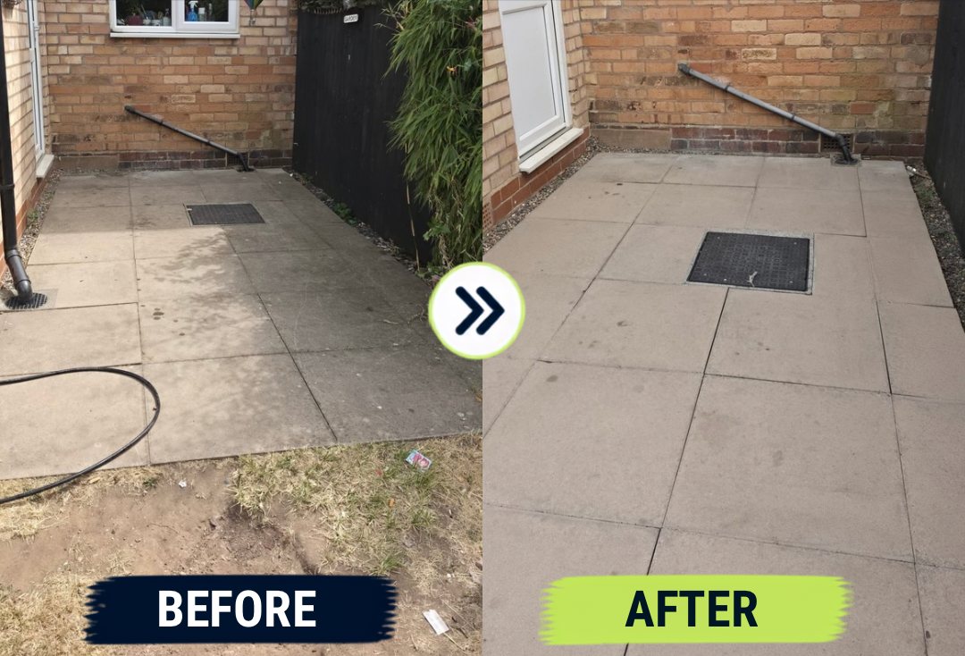 Before and after: grimy side-passage slabs cleaned back to a light, even finish