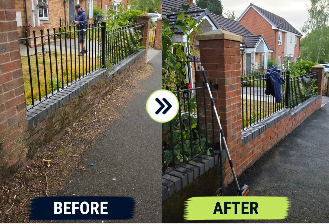 Before and after: moss and debris cleared from a brick garden wall and footpath